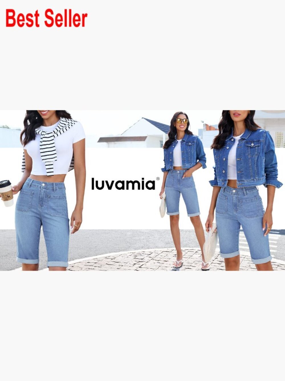 High Waisted Denim Bermuda Shorts with Patch Pockets and Fold Hem - Picture 7 of 7